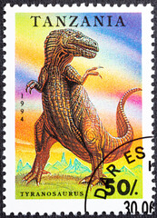 TANZANIA - CIRCA 1994: A stamp printed in Tanzania shows Tyrannosaurus Rex, Prehistorical animals serie, circa 1994