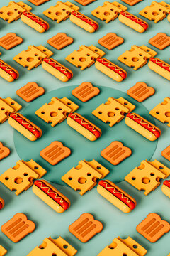different kind of fast food. hot dogs, cheese and bread