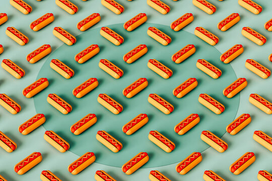 pattern of fast food icons. Hot dogs in 3D.