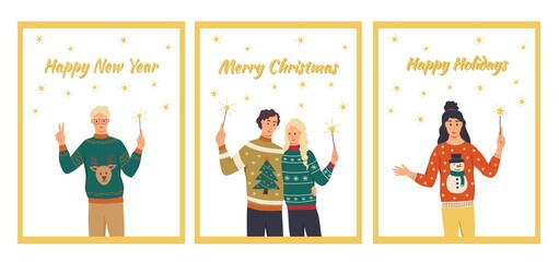 A set of greeting cards. Merry Christmas, Happy New Year, happy holidays. People in ugly sweaters are holding sparklers in their hands. Flat vector illustration