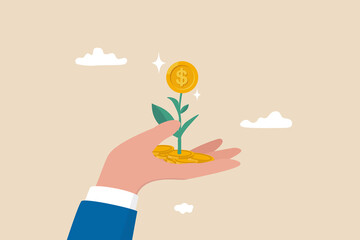 Investment growth, prosperity or earn more money from savings, mutual funds or opportunity to make profit and increase wealth, businessman investor hand holding money flower plant from pile of coins. - obrazy, fototapety, plakaty