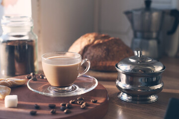 Good morning with Coffee and Tasty Breakfast concept. Table Setting theme. You can not live without cafe. Still-life in the kitchen, healthy home cooking. light and bright mood