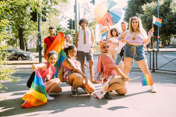 Multi-ethnic male and female activists during pride event on street