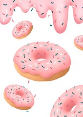 Donuts on a white background cut out. 3D donuts. Fresh bakery. Poster for a coffee shop.