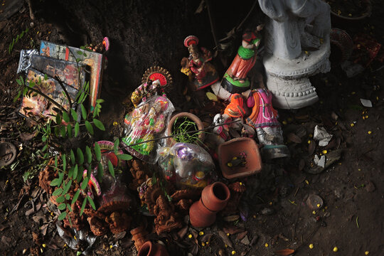 Discarded idols and other pottery items for Diwali in Delhi, INdia