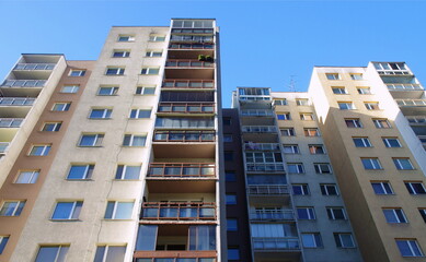 Block of flats, urban building, real estate concept.  Council tower block. Expensive prices for flats and apartments in the city.