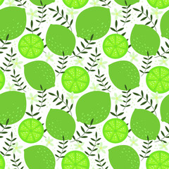 Pattern with limes, lime leaves and flowers. Green vector fruit background.