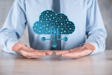 Cloud technology. Polygonal wireframe cloud storage sign with data collection icon on dark blue....