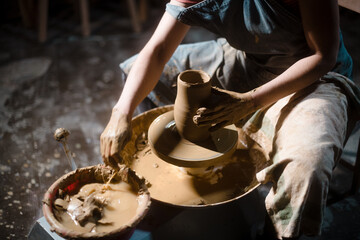 Pottery artist moistening hands