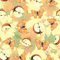 Watercolor of set slices apple, butterfly with maple leaves on yellow background. Autumn seamless pattern.