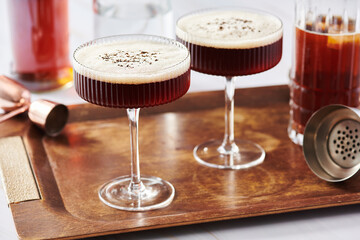 Two Espresso Cocktails on Wood Tray 