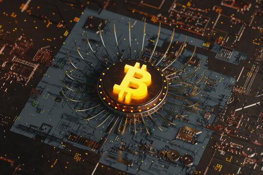 Bitcoin symbol surrounded by electrical components