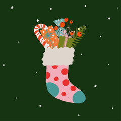 Hand drawn illustration of Christmas stocking full of presents, gift boxes sweets and holiday decorations.Winter design for greeting card, poster, print for bag or t-shirt, sticker.