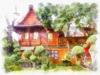 Fototapeta na wymiar Thai-style house building in the central Thai architectural garden watercolor style illustration impressionist painting.