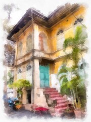 Fototapeta na wymiar European colonial architecture buildings in abandoned yellow Bangkok watercolor style illustration impressionist painting.
