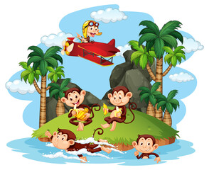 Obraz na płótnie Canvas Isolated island with naughty monkeys doing different activities