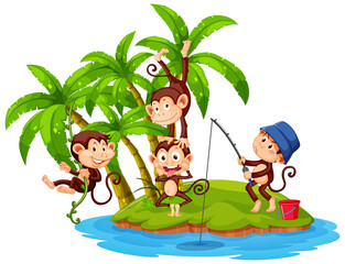 Isolated island with many monkeys cartoon