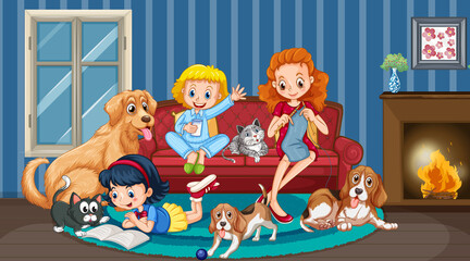 Scène de chambre avec une famille heureuse et des chiens