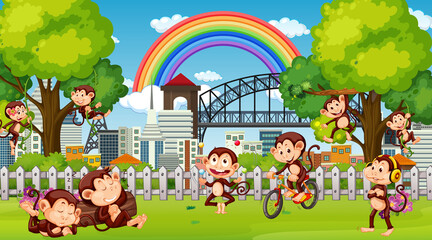 Outdoor park scene with little monkeys doing different activities