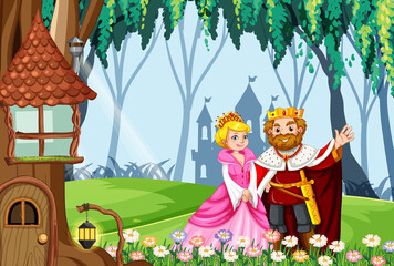King and queen in enchanted forest background