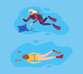 Young Woman Character in Goggles and Flippers Sea Diving and Floating Underwater Vector Set