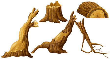 Stump, log. Cartoon piece of wood. Broken oak, linden, maple, cedar. Set isolated vector elements on white background. 