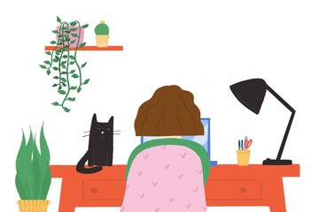Woman and cat workspace laptop illustration