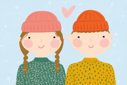 Winter couple portrait snow illustration