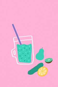 Green juice on pink background illustration