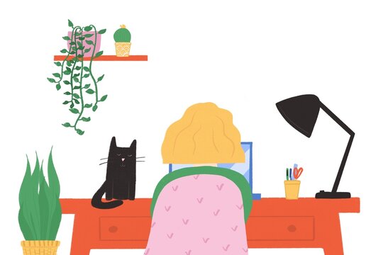 Woman workspace  laptop cat illustration
