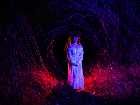 Ghostly woman stands at night in the woods.