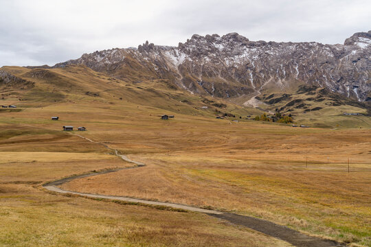 Meadow with wooden log cabins in autumn  