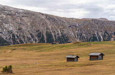 Wooden log cabins at the valley of Alpe di Siusi