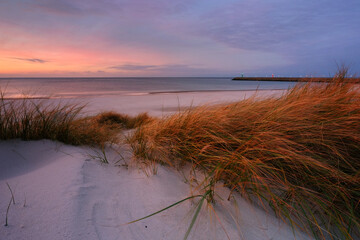 Morze Bałtyckie , zachód słońca, wydmy, plaża - obrazy, fototapety, plakaty