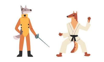 Dog Athlete in Sportswear Doing Karate in Kimono and Fencing Vector Set