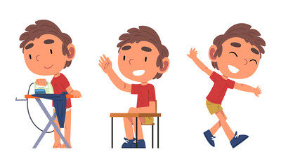 Schoolchild Daily Routine with Boy at School Desk Having Lesson and Ironing Vector Set