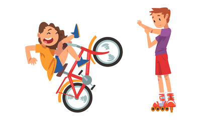 Boy and Girl Falling Off Bike and Having Elbow Injury Riding Roller Skates Vector Set
