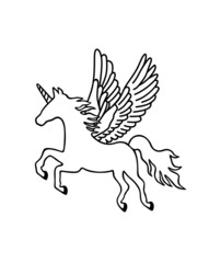 Black vector flying unicorn Pegasus horse pony silhouette with wings.Fairytale stencil outline drawing illustration.Plotter laser cutting.T shirt print design.Vinyl wall sticker decal.Cricut.Cut.DIY