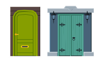Door Facade in Vintage Style as Vertical Hinged Building Entry Vector Set
