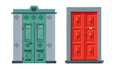 Door Facade in Vintage Style as Vertical Hinged Building Entry Vector Set