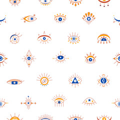 Seamless pattern with esoteric celestial symbol of evil eye with moon phases moon. Hamsa magical eye, decor element. Vector illustration