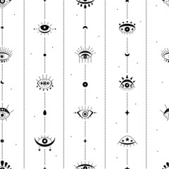 Seamless pattern with esoteric celestial symbol of evil eye with moon phases moon. Hamsa black magical eye, decor element. Vector illustration