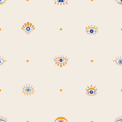 Seamless pattern with esoteric celestial symbol of evil eye with moon phases moon. Hamsa magical eye, decor element. Vector illustration