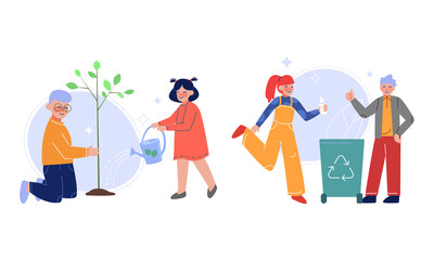 Fototapeta premium Little Boy and Girl Taking Care of Nature Watering Plant and Gathering Garbage Vector Set