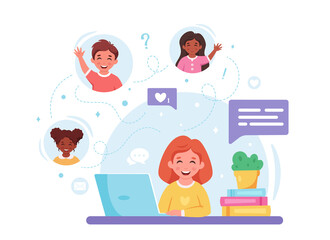Children communicating online. Video call with friends, chatting online. Online studying, distance learning. Vector illustration