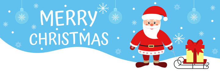 Merry Christmas banner. Vector illustration of Santa Claus holding a sleigh with gifts