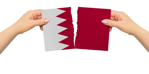 Obraz premium World countries. Woman hands are are holding two parts of flag. Bahrain