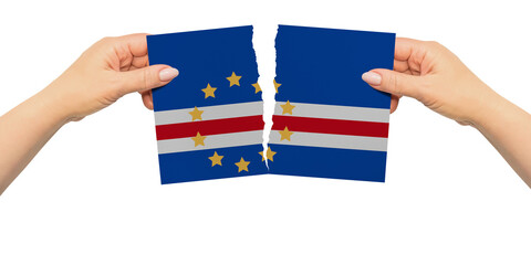World countries. Woman hands are are holding two parts of flag. Cabo Verde