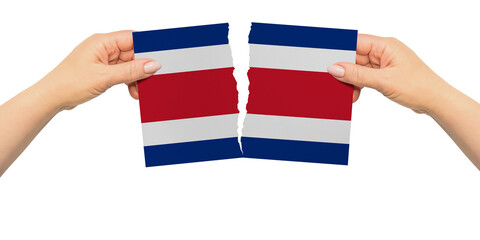 World countries. Woman hands are are holding two parts of flag. Costa Rica