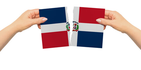 World countries. Woman hands are are holding two parts of flag. Dominican Republic